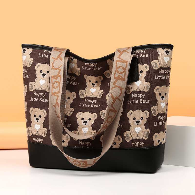 New Women's Bag Canvas Bear Letter Print Bag Large Capacity Shoulder Bag Casual Handbag Tote Bag