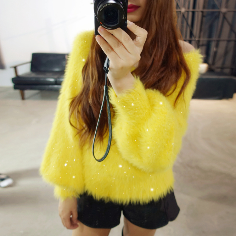 2018 sang trọng sequins mới ins siêu lửa thanh lịch nữ thần v- cổ đèn lồng tay áo áo len giả nhung áo len dày áo len nữ form rộng