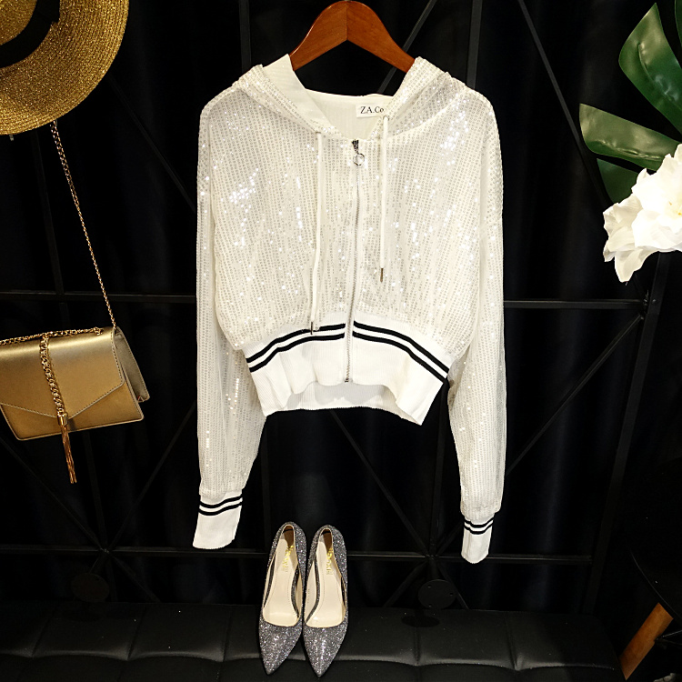 Slim! 2018 trạm Châu Âu blingbling nữ thần mới sequins sáng bóng kem chống nắng dây kéo trùm đầu áo ngắn áo lông vũ
