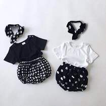 Free hairband ins Korean summer baby short-sleeved shorts suit Girls baby round neck T-shirt Large PP pants bread pants