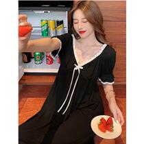 Sleepwear women Summer pure desire Winds Black Modale Cotton Slim Sexy Temperament Lace Thin short sleeves Long style Sleeping Dress