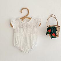 2021 summer money for baby boy cotton lace lace floral side breathable one-piece clothes female baby flying sleeves with khaclothes climbing suit