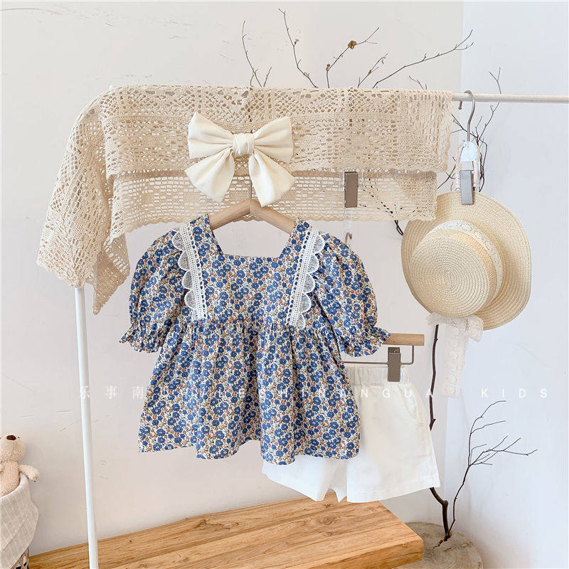 Girls summer suits 2021 new Korean version of children's fashionable clothes girl baby summer net red floral two-piece suit