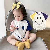 Baby clothes 2021 new summer clothes male and female baby laughs face khays short sleeves one-piece clothes pure cotton thin bag fart