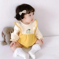 ins wind infant one-piece dress long sleeve autumn style cherry female baby khae sweet and beautiful triangular bag fart climbing suit