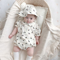 South Korean childrens baby girl baby girl summer loaded cherry pure cotton short sleeve one-piece clothes climbing jacket fart hat-hat subsuit