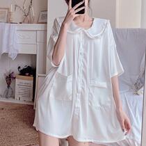 Sleeping Skirt Woman Spring Summer Ice Silk Short Sleeve Thin Sweet Girl Doll Collar Open Jersey Korean Version Emulation Silk Loose Sleepwear