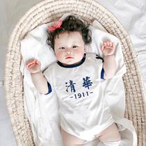 Net Red Baby Pure Cotton Bag Fart Clothes Summer Baby Triangle Khaclothes Tsinghua Peking University Printed Short Sleeve Climbing Conjoined Clothes