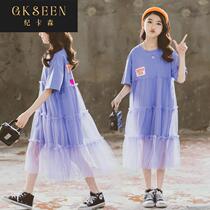 Girls summer dress 2022 new Korean version of foreign style skirt middle and big childrens summer net gauze knee length