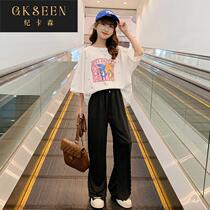 Girls suit 2022 new Korean version of childrens foreign style big childrens summer wide-leg anti-mosquito pants two-piece set