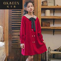 Spring and Autumn Girls Lapel Dress Long Sleeve College Wind Big Children Bow Knot Plus Velvet Princess
