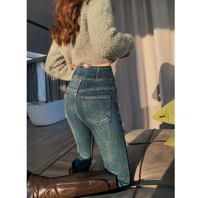 Plus velvet thickened ultra-high waist skinny jeans women's 2022 winter new style thin and tight outerwear pencil pants