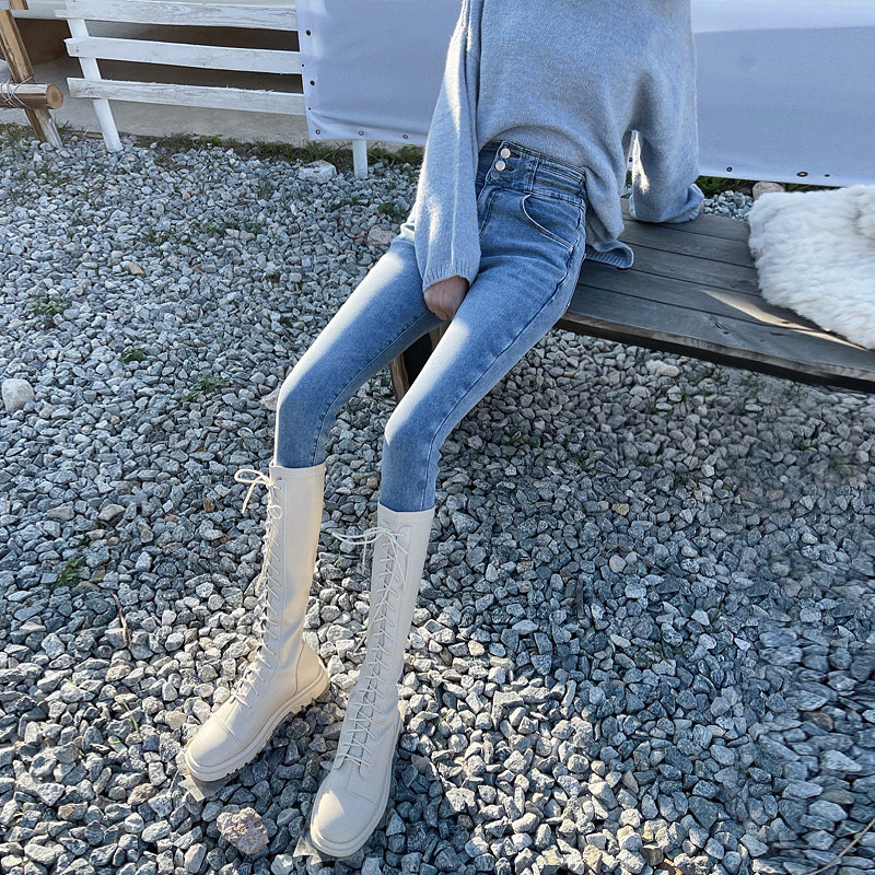 High-waisted light-colored skinny jeans women's fall/winter 2021 new thickened light blue skinny little leg pants