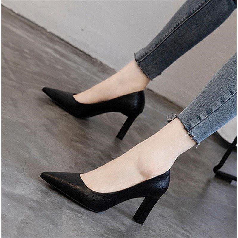 High Heel Shoes 2021 Fall New Pointed Coarse Heel Single Shoe Woman Soft Leather Heel Career Positive Working Women Shoes