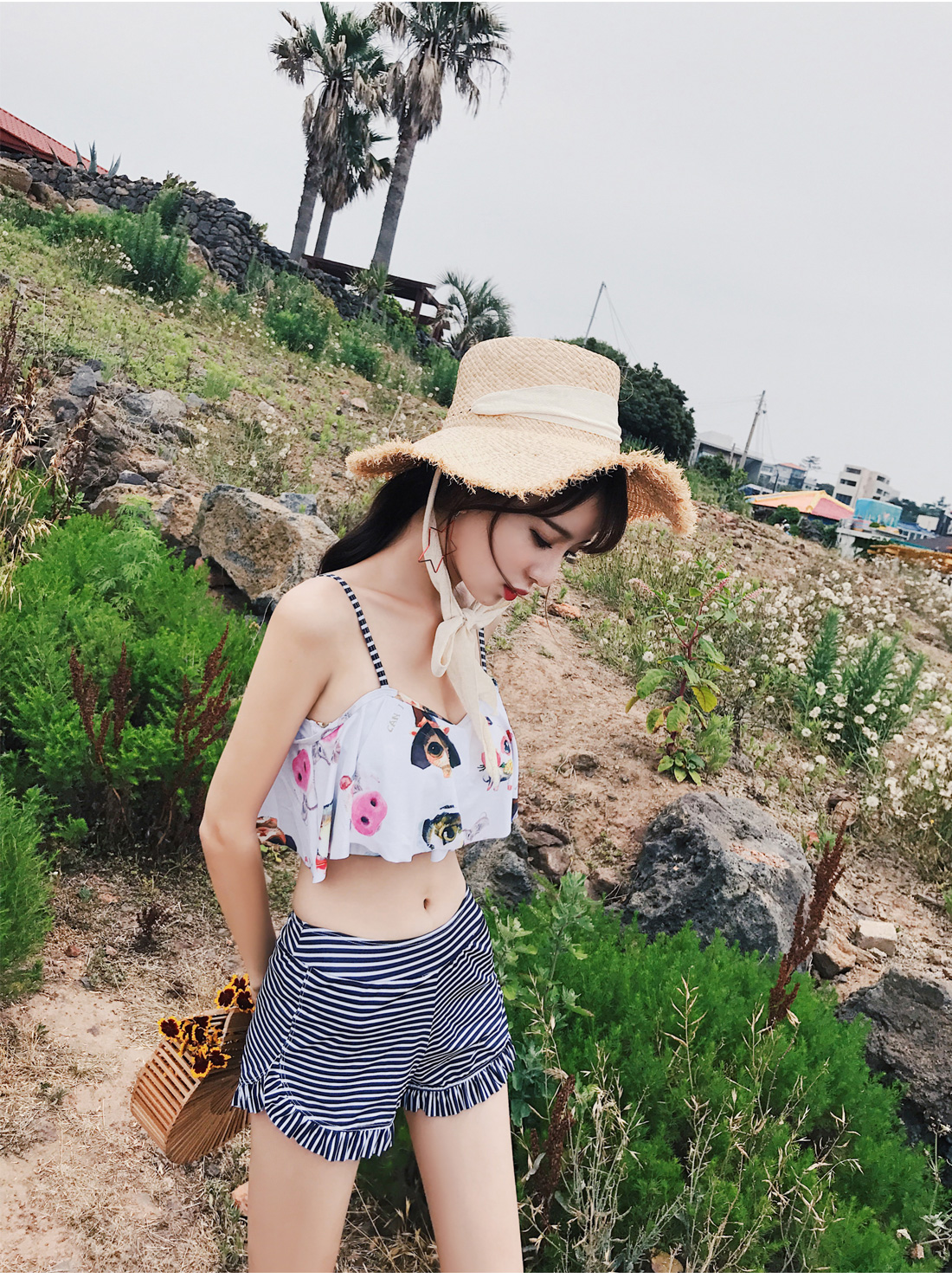Chia áo tắm nữ sinh viên bảo thủ Cô gái Hàn Quốc buông vai che bụng là áo tắm mỏng mùa hè - Bộ đồ bơi hai mảnh áo 2 mảnh
