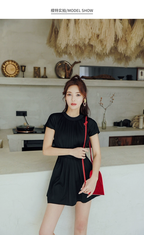 Yi Meishan áo tắm nữ dính liền bảo thủ ngực nhỏ thu thập váy sinh viên che bụng giảm béo mùa xuân đen áo tắm - Bộ đồ bơi One Piece
