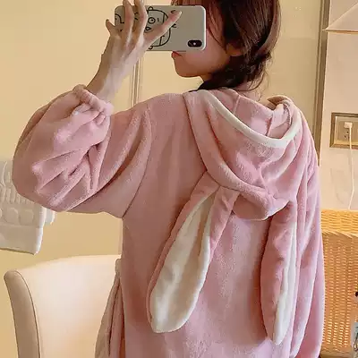 Night dress women's autumn and winter models thickened and velvet lengthened Korean version of the student cute and sweet pajamas women's autumn and winter home clothes