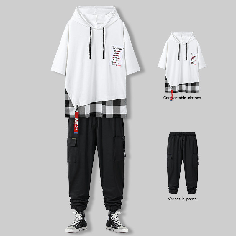 Even cap leave two short sleeves t-shirt male summer suit 2022 new trendy men outfit with a pair of handsome clothes