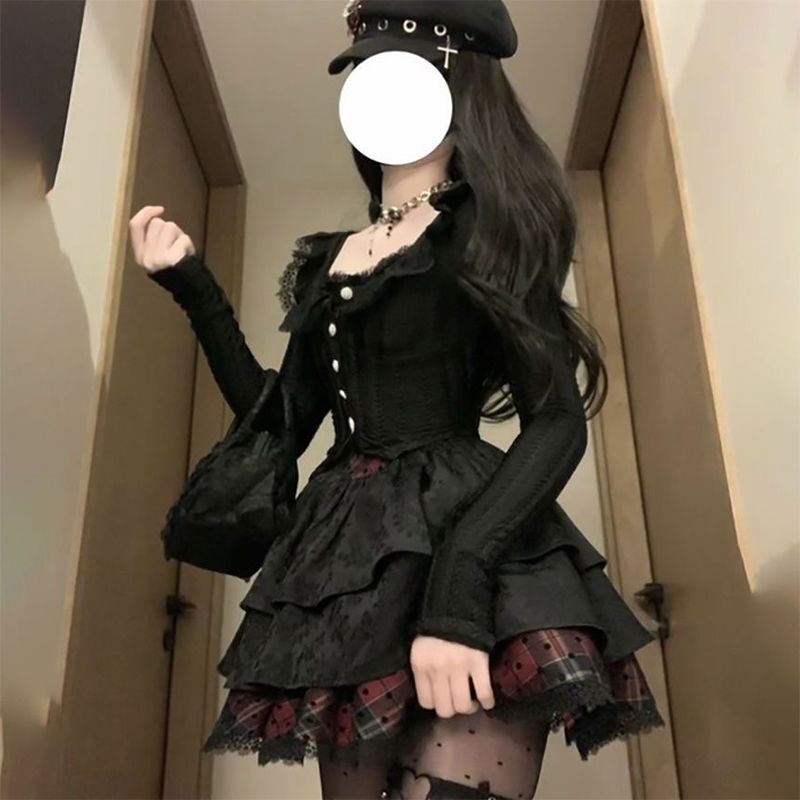 Dark Hepburn Style Black and Red Outfit Set, Autumn and Winter Cardigan + Suspender Puffy Skirt, Black Two-Piece Set for Women