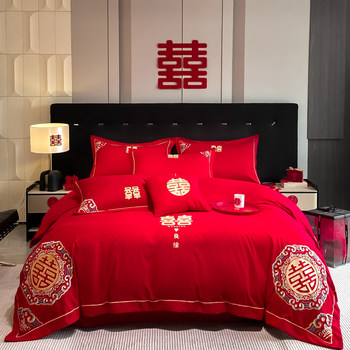 Wedding four-piece set big red dragon phoenix cotton embroidery wedding wedding wedding bedding festive quilt bed sheet hat