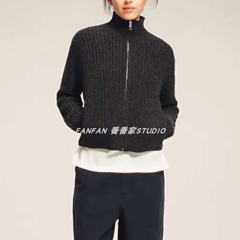 Same Style as At, Corn Stitch Zipper Cardigan, Wool Blend Wide Shoulder Loose Fit Straight Knit Cardigan Top for Women