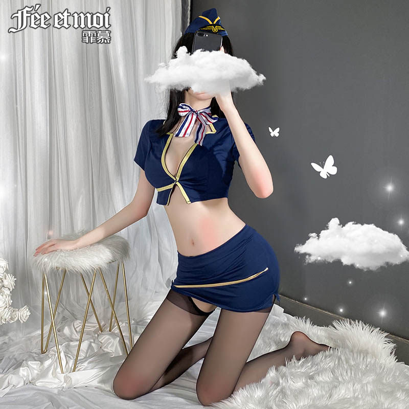 Flight Attendant Uniform Temptation deep V Tight Wrap Hip Short Skirt Foot Bath Technician Free of Passion Suit Erotic Underwear 7054