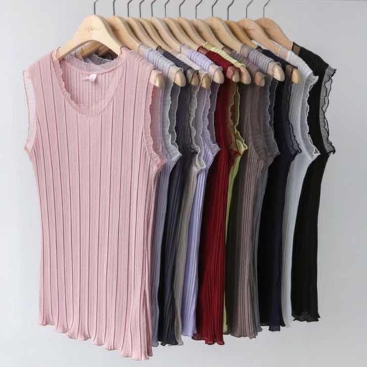Yarn side 100 pleats thread sleeveless with undershirt female vest harness summer new elastic blouses South Korea