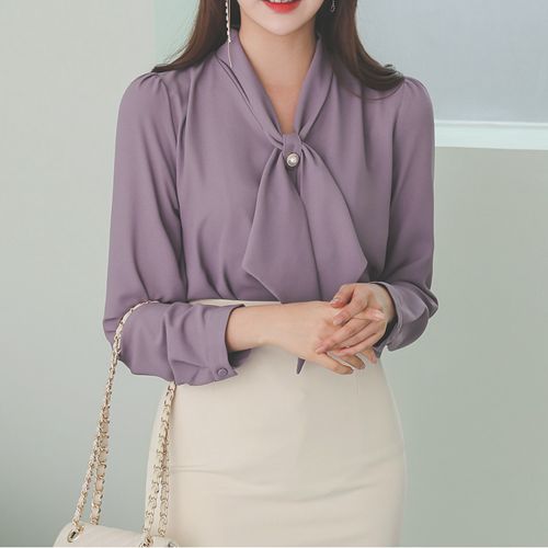 Pearl Buckle Triangle scarf shirt 100 hitch commuter Career OL shirt Korea 2021 autumn new