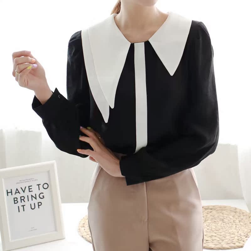 White Large Tip Collar Long Sleeve Shirt Woman 2021 Fall New Shirt Jacket OL commute 100 lapped South Korea