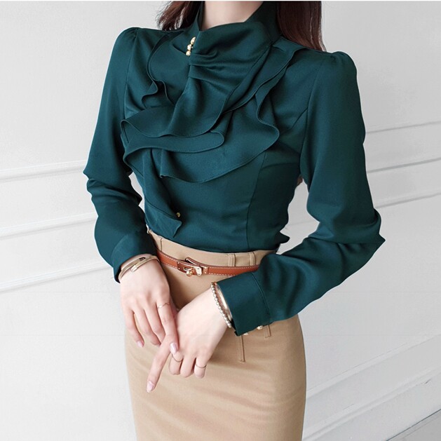 Multiple layers of lotus leaf side half high collar shirt blouses 100 lap up slim South Korea 2020 autumn winter new