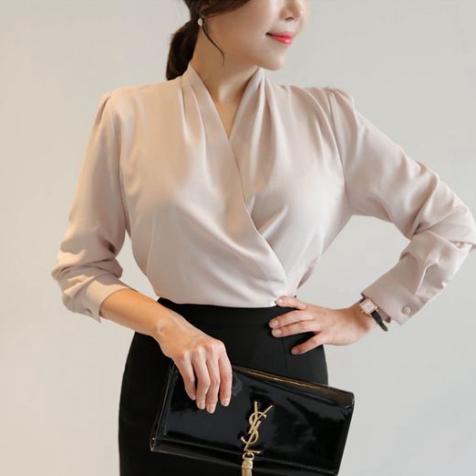 Cross V neckline elegant side closeted waist shirt blouses 100 hitch commute South Korea 2021 fall new