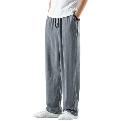 Штаны, осенние, китайский стиль, из хлопка и льна, оверсайз, свободный прямой крой