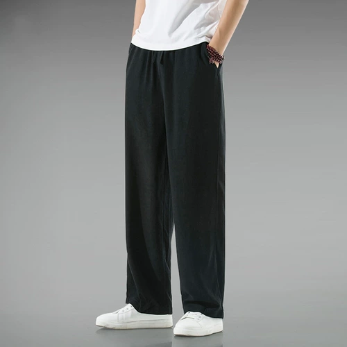 Штаны, осенние, китайский стиль, из хлопка и льна, оверсайз, свободный прямой крой