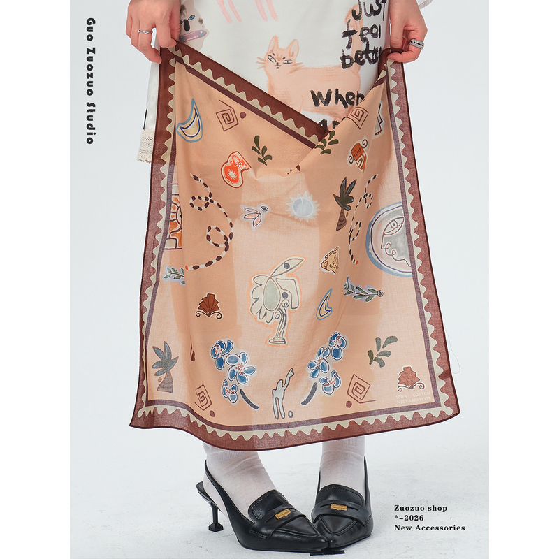 Guo Zuo Zuo Graffiti Painting~ Retro Cartoon Square Scarf Women's Lightweight Breathable 26Ss Fashionable Matching Headscarf for Summer Guo Zuo Zuo Graffiti Painting~ Retro Cartoon Square Scarf Women's Lightweight Breathable 26Ss Fashionable Matching Headscarf for Summer