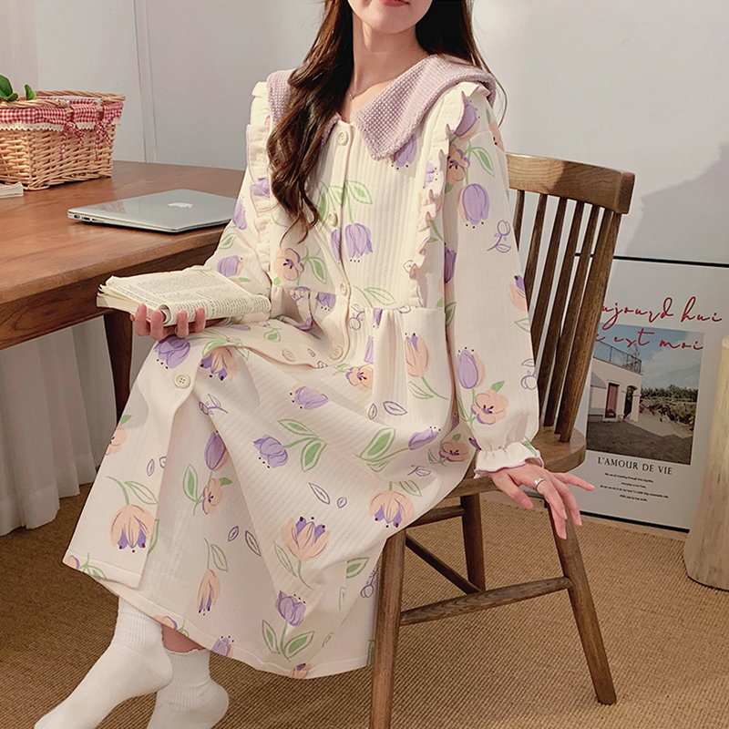 Floral side thickened pregnant woman sleepwear spring fall air cotton postpartum breast-feeding sleeping skirt autumn winter to be produced in skirt-to-moon subsuit-Taobao