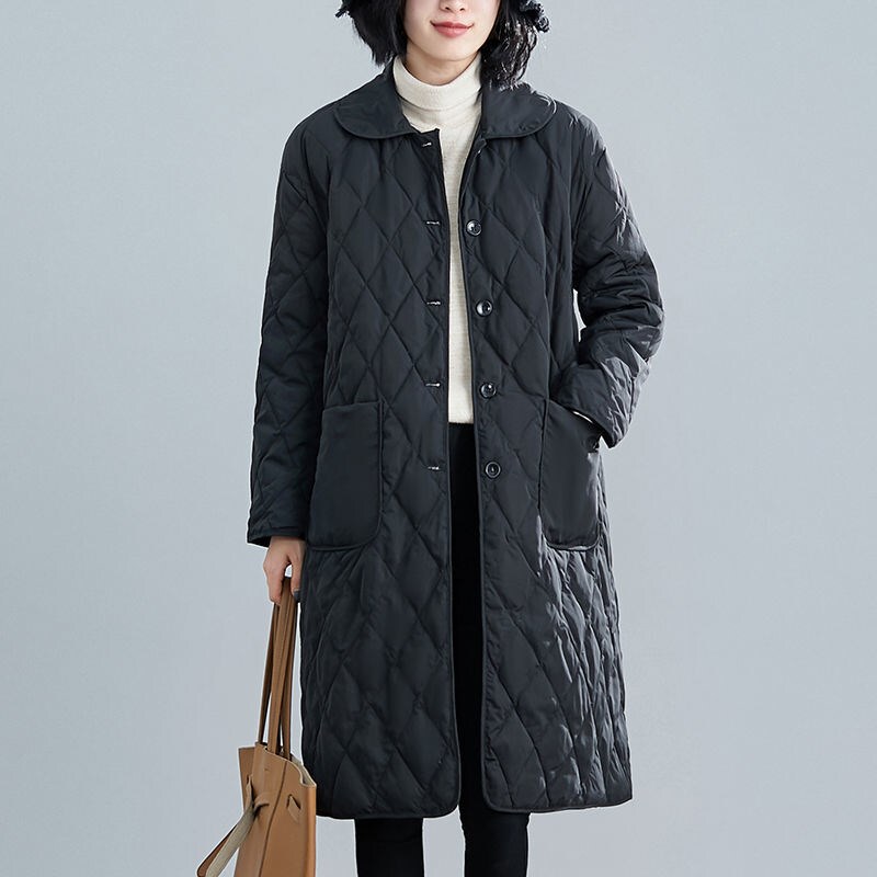 Black Quilted down Jacket, Women's Mid-Length Coat, 2024 New Winter Over-The-Knee Thickened Cotton Coat