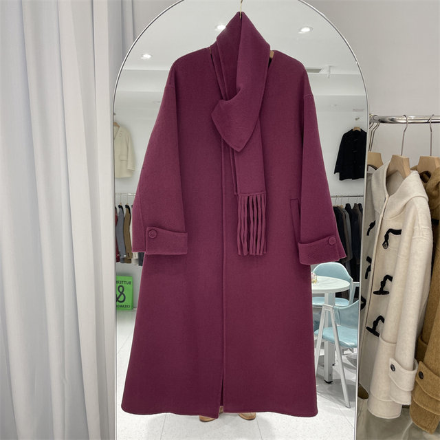 Minimalist round neck wool coat with scarf collar