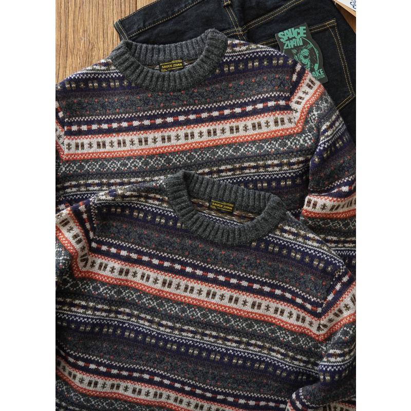 Zhanjiang Wool Fair Isle Sweater Sheep Wool High-End Round Neck Sweater Pullover British Retro Ami Khaki