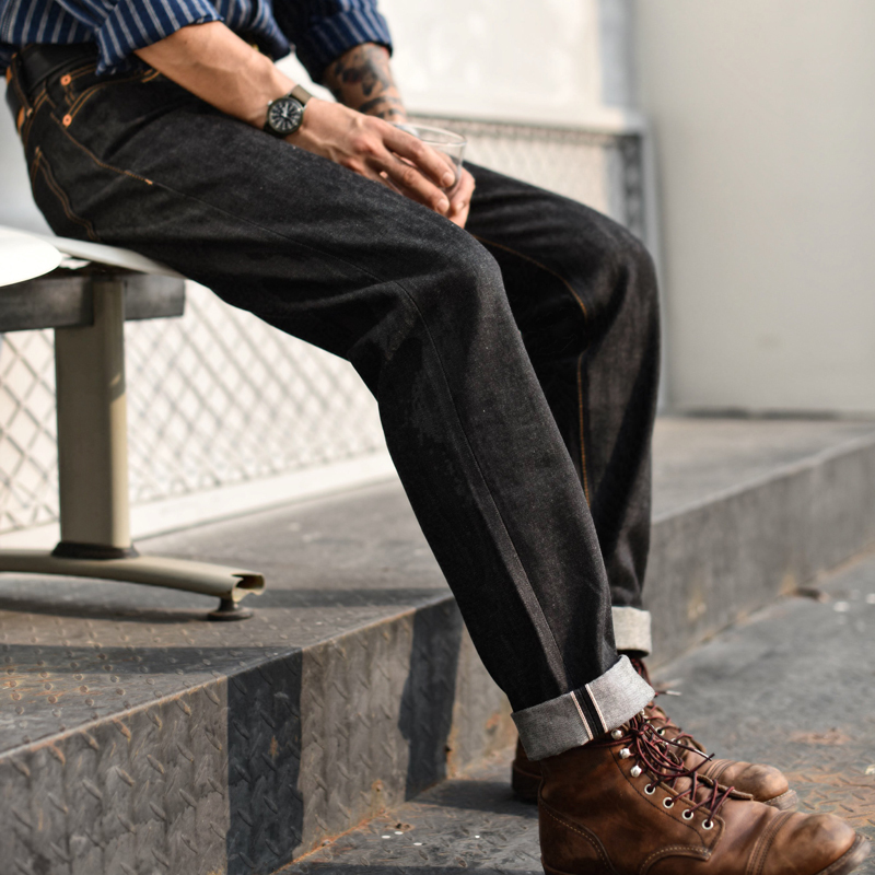 Dip-Dyed Xinjiang Cotton Black Cow Welfare Model Micro Tapered 315Xx Jeans Selvedge Denim Men's Black Raw Denim