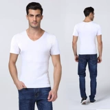 Летняя приятная телу шелковая футболка с коротким рукавом, короткий рукав, V-образный вырез, высокий воротник, в обтяжку