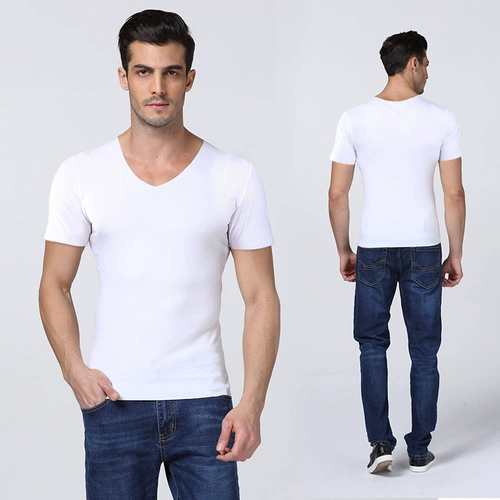 Летняя приятная телу шелковая футболка с коротким рукавом, короткий рукав, V-образный вырез, высокий воротник, в обтяжку