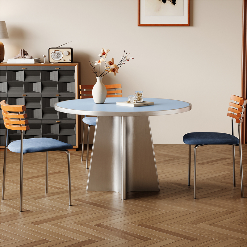 Bauhaus Solid Wood Korean-Style Round Table Small Apartment Blue Stainless Steel Household Round Dining Table Slate Dopamine Dining Table Bauhaus Solid Wood Korean-Style Round Table Small Apartment Blue Stainless Steel Household Round Dining Table Slate Dopamine Dining Table