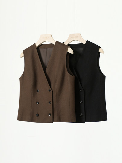 Xiaohan Pavilion [Unique Style, Casual Retro] Fashionable and Elegant Wool V-Neck Double-Breasted Vest 25 Autumn/Winter