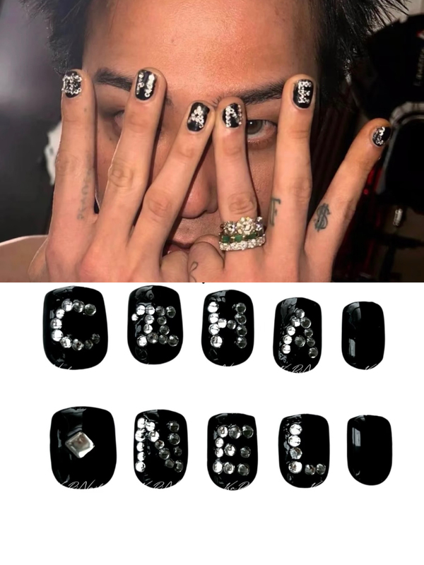 G-Dragon Style Rhinestone Letter Nail Art, Gd Style Full Rhinestone Personalized Dazzling Black Unisex Wearable Nail Art