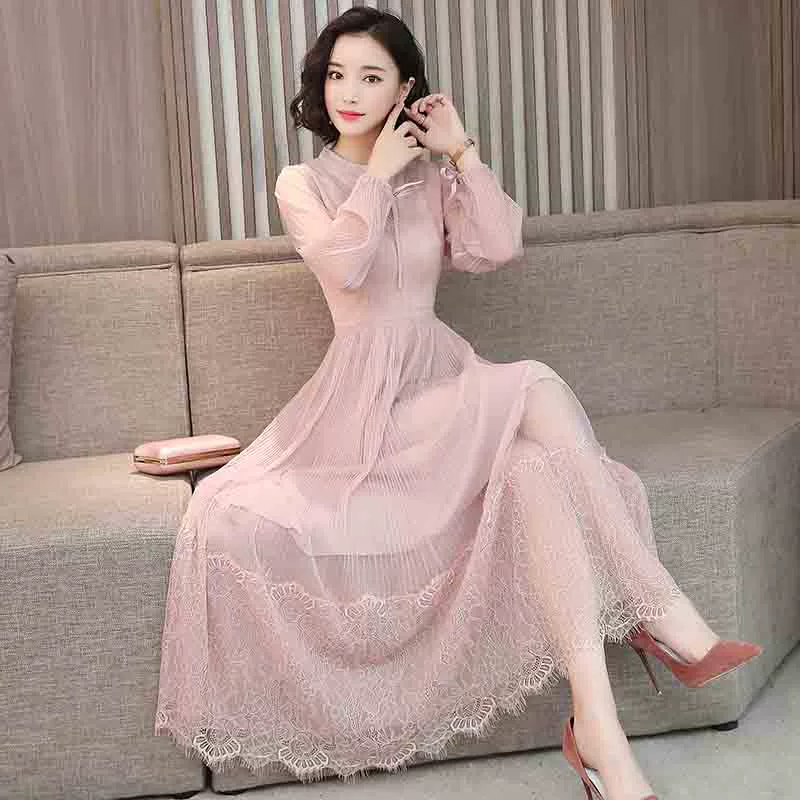 Váy ren lưới dài tay nữ mùa thu đông 2020 phụ nữ mới mùa xuân đáy váy rất dài váy cổ tích - Váy eo cao