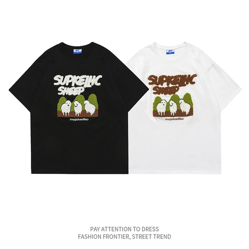 Бархатная футболка с коротким рукавом в стиле хип-хоп для влюбленных, в американском стиле, с вышивкой