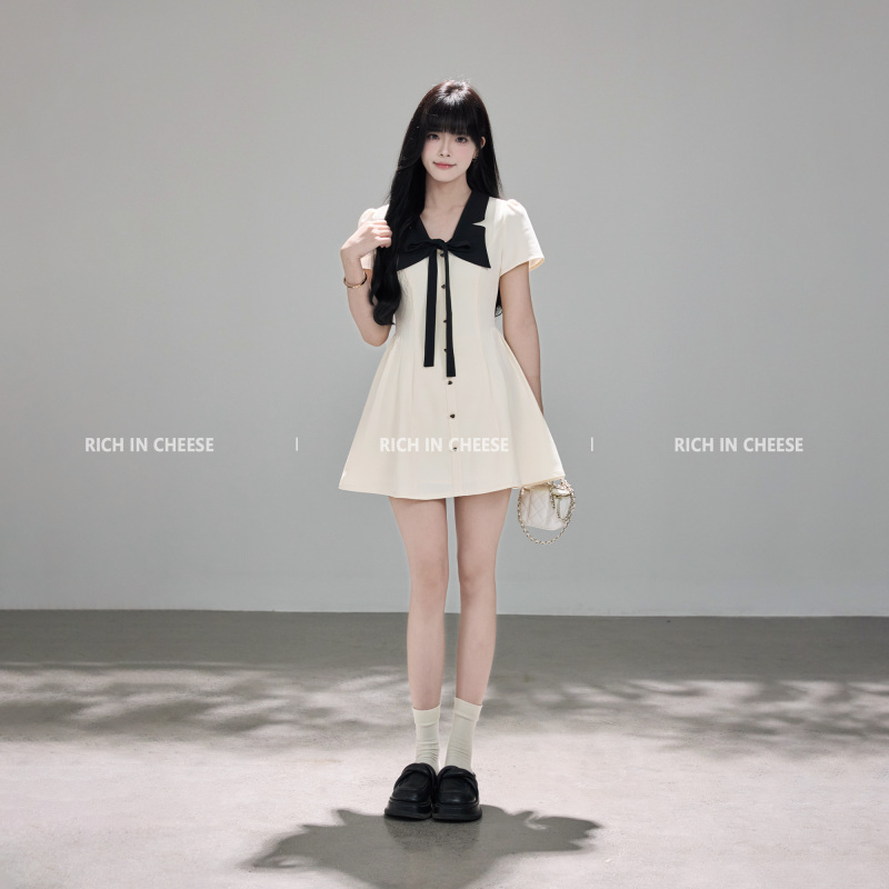 Richincheese Miss Windsor French-Style Gentle Bow Collar Design Elegant Waist-Cinching Dress