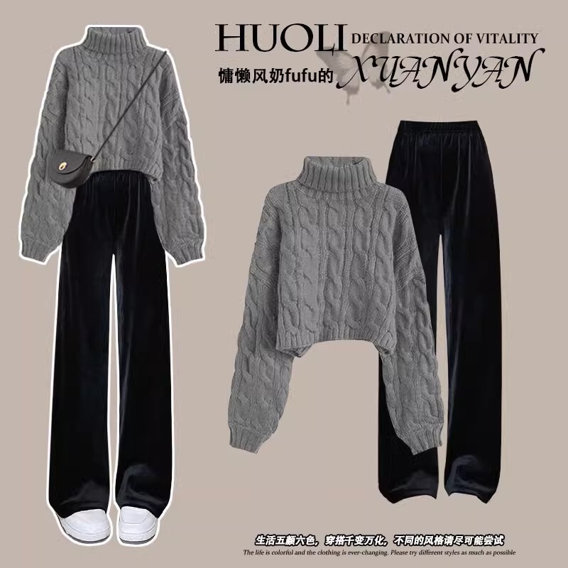 High-Neck Student Style Gray Sweater Set for Women 2025 Autumn and Winter New Loose Top + Black Wide-Leg Pants Trendy