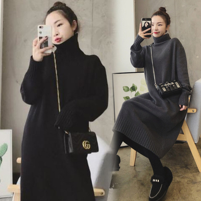High-necked over-the-knee plus fleece sweater women's fall/winter plus size loose dress with coat thickened inner long base shirt