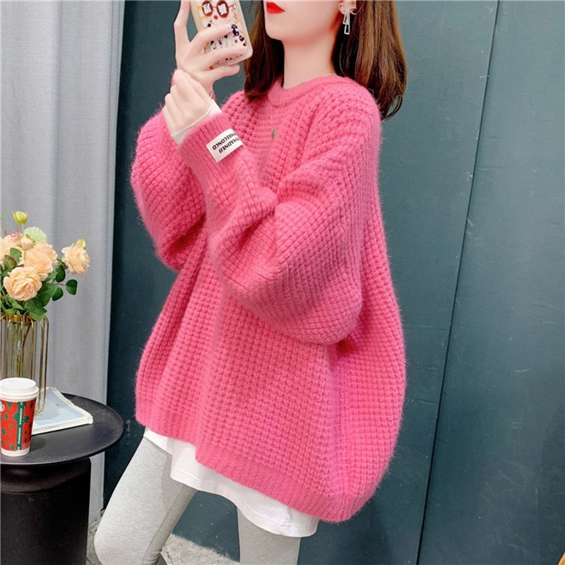 White-Enhancing Raspberry-Colored Sweater Coat for Women, Lazy Style Knitted Loose Top, 2024 New College Style Autumn and Winter Women's Clothing